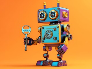 Fototapeta premium Unlocking the Future: A colorful 3D rendering of a friendly robot with a golden key, placed against a bright orange backdrop. This imaginative scene symbolizes the potential and might of technology.