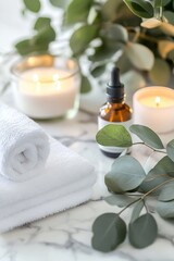 Spa setting with candles, essential oil, and towels