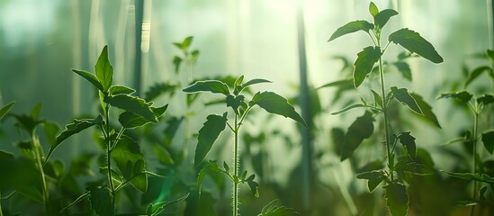 Naklejka premium Fresh green plants growing in soft natural light, creating peaceful atmosphere with bokeh effect. Perfect for wellness, environmental or organic farming concepts.