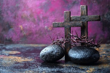 Crown of thorns, a cross, and a palm leaf on a table surrounded by a dark purple background, evoking the concept of Good Friday