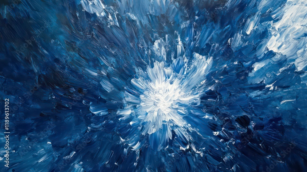 Poster abstract blue and white impasto painting with radiating brushstrokes, creating a dynamic, energetic 