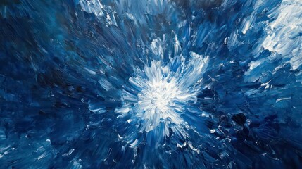 Fototapeta premium Abstract blue and white impasto painting with radiating brushstrokes, creating a dynamic, energetic visual texture.