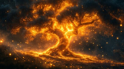 Mesmerizing glowing tree illuminated by countless lights at dusk in a mystical forest