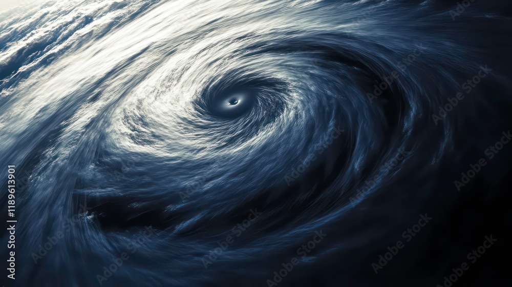 Poster aerial view of a swirling vortex of clouds, resembling a hurricane or cyclone.