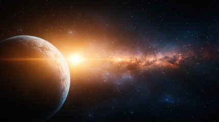 Fototapeta premium Stunning cosmic sunrise over distant planet and milky way galaxy