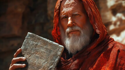 Close-up portrait of a senior man with long white beard wearing a red robe and holding an ancient book.