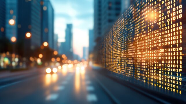 Cityscape with digital binary code overlay at sunset