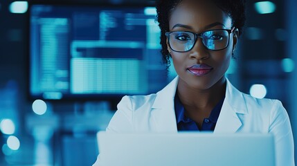 African female scientist analyzing data in a laboratory with advanced technology