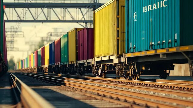 Freight train showcasing vibrant intermodal containers under a clear sky in the afternoon, Dynamic view of a freight train with intermodal containers in transit