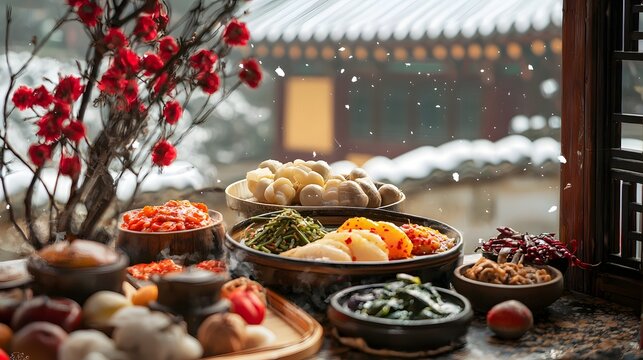 Korean New Year banquet food backdrop. Lavish spread of festive dishes, baos, sushi and sweet treats
