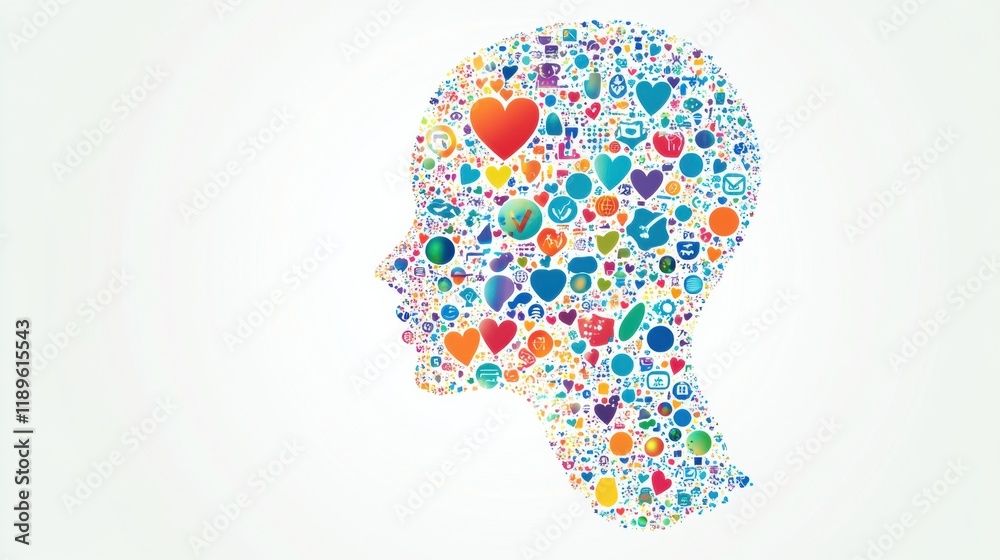 Aufkleber stylized human face created with colorful icons representing emotions and connectivity in a vibrant 