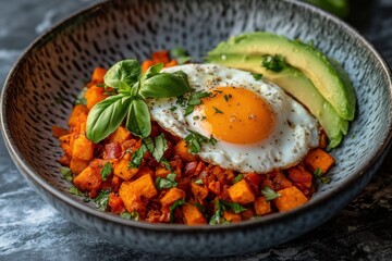 Sweet potato hash with fried egg and avocado. A healthy and delicious breakfast or brunch option.