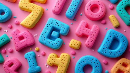 Colorful foam letters arranged on a pink background creating a playful and vibrant display