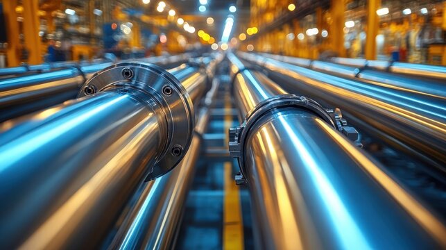 Close-up view of gleaming metallic industrial pipes in a factory setting.