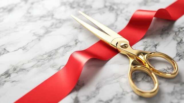 A pair of golden scissors resting on a marble surface with a red ribbon, symbolizing a celebration.