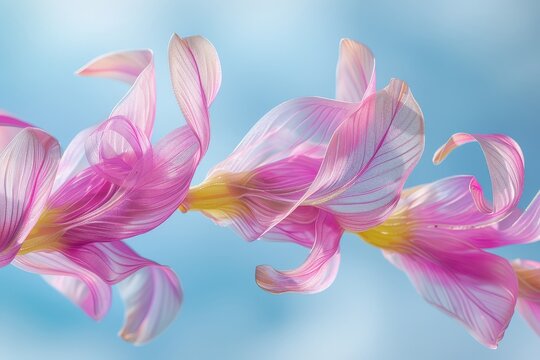 A pink flower with a yellow center is shown in a blue sky