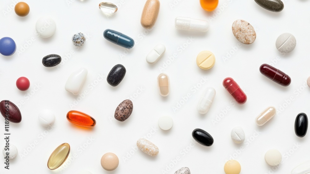 Poster Variety of colorful pills and capsules arranged on a flat surface showing diverse shapes and sizes in a bright setting. Generative AI