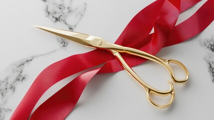 A pair of golden scissors resting on a red ribbon, symbolizing a ceremonial event.