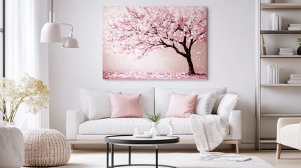 Serene Pink Blossom Tree Wall Art in a Modern Living Room