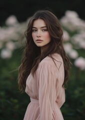 Portrait of a young woman with long, wavy brunette hair. she is standing in a garden with pink flowers in the background.