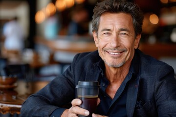 A man in a suit is smiling and holding a cup of coffee