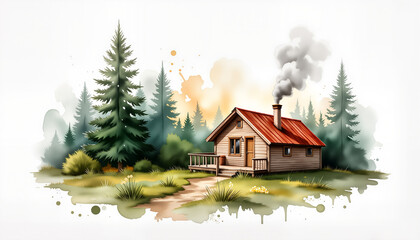 Fototapeta premium Cozy forest cabin with smoke in warm evening light, nature's embrace
