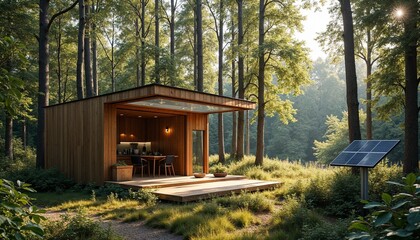 modern sustainable forest cabin with solar panels and wooden deck surrounded by lush greenery on a sunny morning