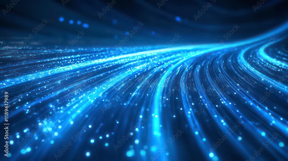 Poster abstract blue glowing light streaks forming a curved path, representing speed, technology, or data f