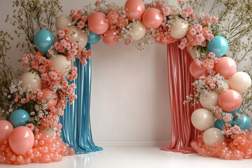 Digital party backdrop with balloon arch, floral arch, wedding backdrop, party background, balloons, drapery, dried flowers, Boho, composite backdrop 