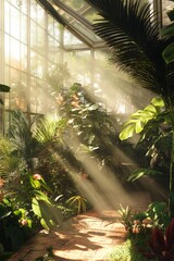 Sunbeams illuminate a lush, tropical greenhouse filled with diverse plants