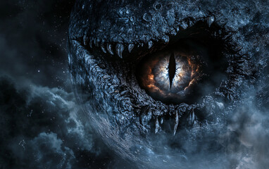 Obraz premium Surreal depiction of the moon as the eye of a toothy monster in dark space, blending celestial elements with horror and imagination for a striking fantasy concept