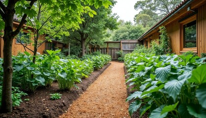 pathway through a lush vegetable garden surrounded by wooden buildings and trees