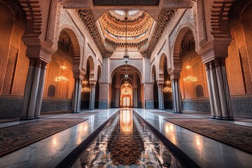 Fototapeta premium Moroccan Mosque Interior Grand hall, intricate details, sunlight, peaceful atmosphere; ideal for travel or architecture publications