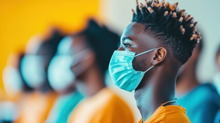 African young male in face mask listening to presentation in classroom