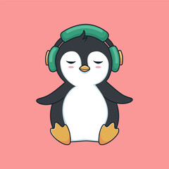 Cute penguin listening music with headphone. Vectors cartoon animal illustration.