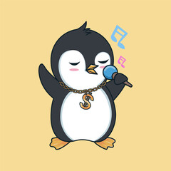 Penguin hip-hop artist  gold chain  Sing song  cute illustration 