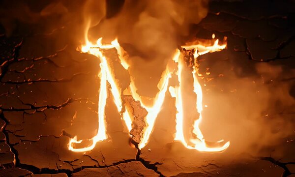 Fiery Letter M on Cracked Earth: A Burning Initial