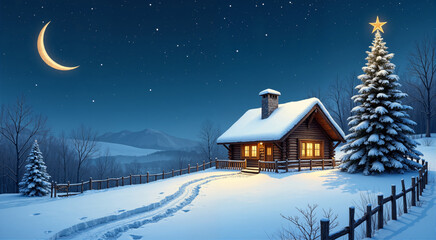 Naklejka premium Cozy Christmas Cabin Under the Crescent Moon. A magical winter wonderland scene with a snow-covered log cabin nestled amongst the trees.