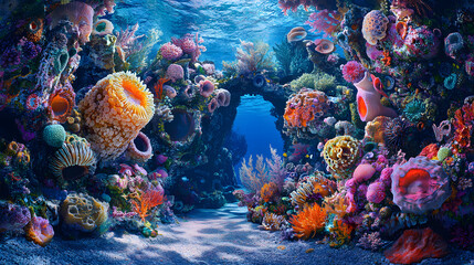 A Stunning and Vibrant Underwater Reef Scene Full of Life with Unique Sea Sponges and Colorful Corals