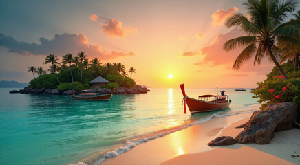 Tropical Sunset Paradise. Longtail boats rest on the shore of a serene beach with crystal-clear turquoise waters.