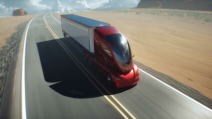 Red futuristic electric truck very fast driving on desert highway. Logistic, future concept. 3d rendering.