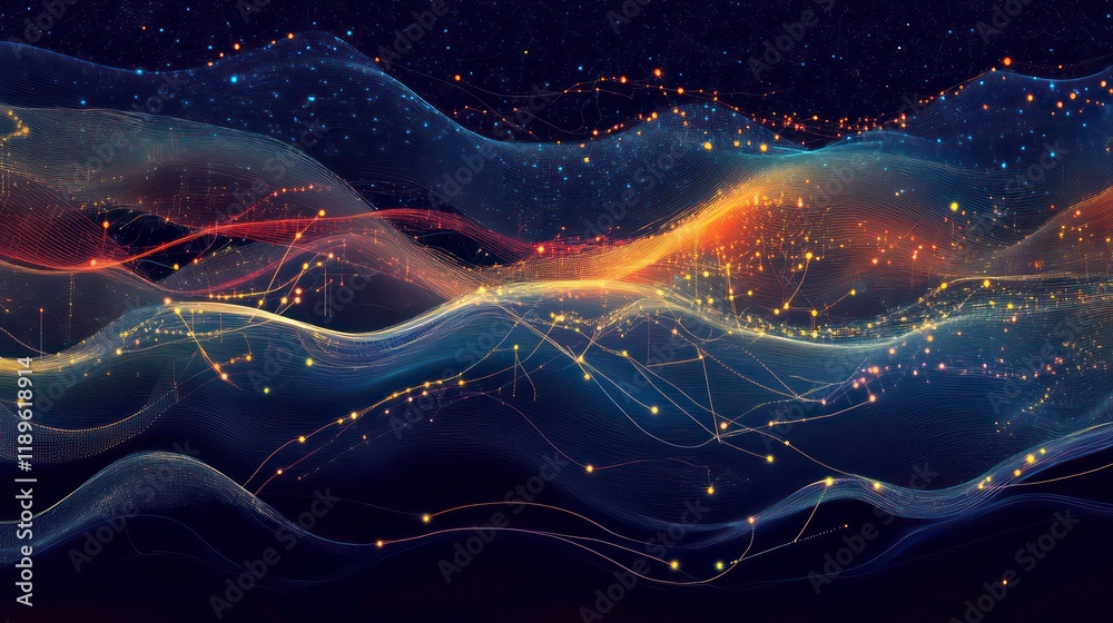 Aufkleber abstract wave of light and particles, glowing in dark space.