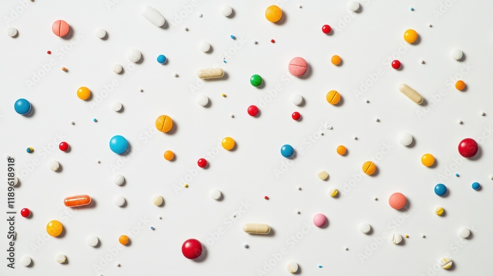 Leinwandbilder Colorful arrangement of various pills and capsules scattered on a white background showcasing different shapes and sizes. Generative AI