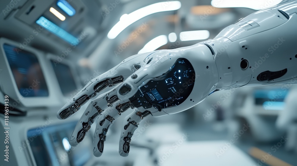 Poster an advanced robotic hand showcases its intricate design and capabilities within a high-tech setting.