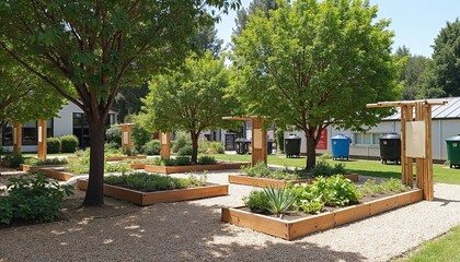 Fototapeta premium outdoor community garden with raised wooden beds, educational boards, and trees providing shade
