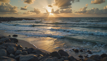 Obraz premium Sunset over ocean waves with rocky shore