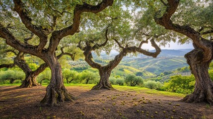 Obraz premium Ancient olive trees, hillside vineyard, sunlit landscape, peaceful rural scene, nature photography