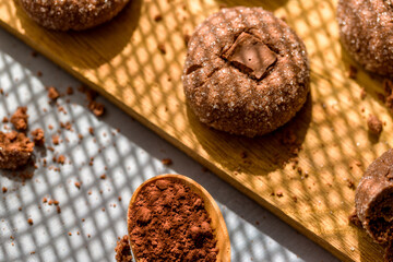 Coffee cookies with chocolate. Delicious homemade dessert. Top view