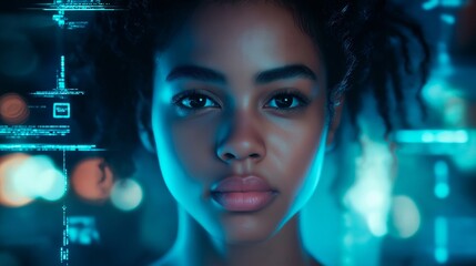 portrait of a young woman in a blue suit with a glowing light.