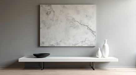 Modern minimalist interior with abstract art. A white console table with decorative vases and a bowl stands against a gray wall.